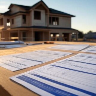 Ein Stapel Baupläne und Checklisten liegt auf einem Tisch, im Hintergrund ein Rohbau. Das Wort 'Projektmanagement' ist deutlich sichtbar.