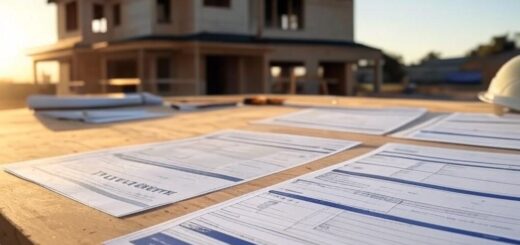 Ein Stapel Baupläne und Checklisten liegt auf einem Tisch, im Hintergrund ein Rohbau. Das Wort 'Projektmanagement' ist deutlich sichtbar.