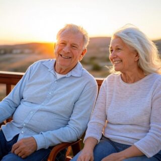 Ein älteres Ehepaar sitzt gemütlich auf einer Bank, während sie den spektakulären Sonnenuntergang über dem Meer beobachten. Sie strahlen Zufriedenheit und Gelassenheit aus, symbolisch für die Freiheit, die ihnen ihre finanzielle Unabhängigkeit im Ruhestand gewährt.