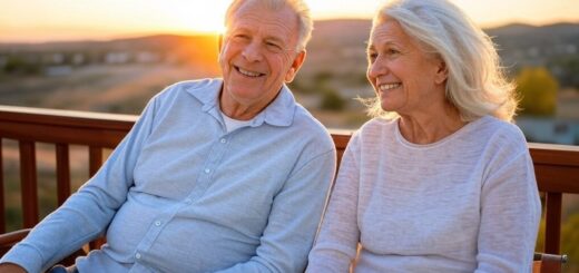 Ein älteres Ehepaar sitzt gemütlich auf einer Bank, während sie den spektakulären Sonnenuntergang über dem Meer beobachten. Sie strahlen Zufriedenheit und Gelassenheit aus, symbolisch für die Freiheit, die ihnen ihre finanzielle Unabhängigkeit im Ruhestand gewährt.