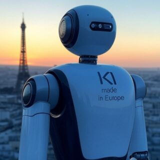 in Bild, das die Verbindung von Künstlicher Intelligenz (KI) mit Europa darstellt. Es zeigt eine stilisierte Karte von Europa, die aus leuchtenden, miteinander verbundenen neuralen Netzwerken besteht. Im Vordergrund ist der Schriftzug 'KI made in Europe' in einer modernen, futuristischen Schriftart zu sehen, die in den Farben der EU-Flagge (Blau und Gelb) gehalten ist.