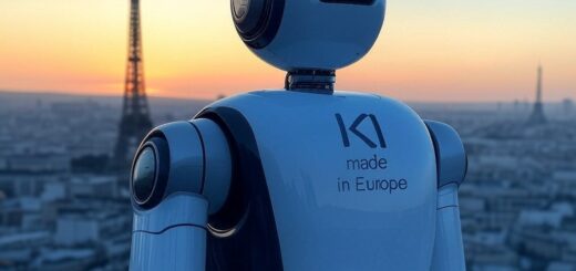 in Bild, das die Verbindung von Künstlicher Intelligenz (KI) mit Europa darstellt. Es zeigt eine stilisierte Karte von Europa, die aus leuchtenden, miteinander verbundenen neuralen Netzwerken besteht. Im Vordergrund ist der Schriftzug 'KI made in Europe' in einer modernen, futuristischen Schriftart zu sehen, die in den Farben der EU-Flagge (Blau und Gelb) gehalten ist.