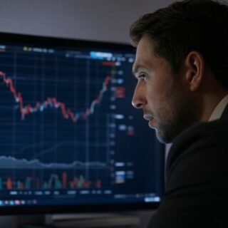 Eine Grafik, die zeigt, wie ein steigender Leitzins zu fallenden Aktienkursen führen kann. Im Bild sind Symbole wie ein nach oben zeigender Pfeil für den Leitzins und ein nach unten zeigender Pfeil für die Aktienkurse zu sehen, umgeben von Börsensymbolen und Diagrammen, die die Wechselwirkungen zwischen Zinsen und den Finanzmärkten verdeutlichen.