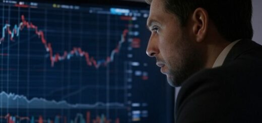 Eine Grafik, die zeigt, wie ein steigender Leitzins zu fallenden Aktienkursen führen kann. Im Bild sind Symbole wie ein nach oben zeigender Pfeil für den Leitzins und ein nach unten zeigender Pfeil für die Aktienkurse zu sehen, umgeben von Börsensymbolen und Diagrammen, die die Wechselwirkungen zwischen Zinsen und den Finanzmärkten verdeutlichen.