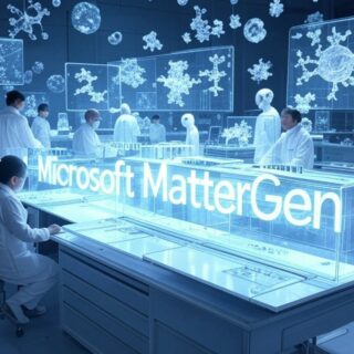 Ein futuristisches Labor im Mittelpunkt des Bildes, wo ein holografisches Display den Schriftzug "Microsoft MatterGen" zeigt. Wissenschaftler und Ingenieure arbeiten an transparenten schwebenden Bildschirmen, die komplexe Molekülstrukturen und Materialzusammensetzungen anzeigen. Um das Labor schweben kristalline Strukturen und Molekülmodelle, symbolisierend die innovativen Materialien von MatterGen. Im Hintergrund sind Silhouetten von Batterien, Solarzellen und Prothesen zu sehen, die die Anwendungen dieser Technologie darstellen.
