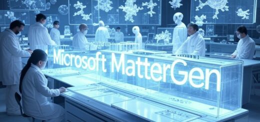 Ein futuristisches Labor im Mittelpunkt des Bildes, wo ein holografisches Display den Schriftzug "Microsoft MatterGen" zeigt. Wissenschaftler und Ingenieure arbeiten an transparenten schwebenden Bildschirmen, die komplexe Molekülstrukturen und Materialzusammensetzungen anzeigen. Um das Labor schweben kristalline Strukturen und Molekülmodelle, symbolisierend die innovativen Materialien von MatterGen. Im Hintergrund sind Silhouetten von Batterien, Solarzellen und Prothesen zu sehen, die die Anwendungen dieser Technologie darstellen.
