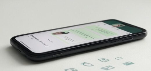 Smartphone mit WhatsApp-Chat, der neue Funktionen wie Themenkanäle, 3D-Avatare und Nachrichten mit Ablaufdatum zeigt, umgeben von Symbolen für Datenschutz und KI.