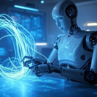 Ein futuristischer Roboter, symbolisierend ein neuronales Netzwerk, interagiert mit einer komplexen Aufgabe. Ein leuchtendes Labyrinth, eine Schriftrolle mit fremder Schrift oder ein Bild werden von dynamischen, sich verändernden Linien umgeben, die den Informationsfluss und die Berechnungen der KI während der Inferenzphase darstellen.