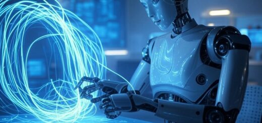 Ein futuristischer Roboter, symbolisierend ein neuronales Netzwerk, interagiert mit einer komplexen Aufgabe. Ein leuchtendes Labyrinth, eine Schriftrolle mit fremder Schrift oder ein Bild werden von dynamischen, sich verändernden Linien umgeben, die den Informationsfluss und die Berechnungen der KI während der Inferenzphase darstellen.