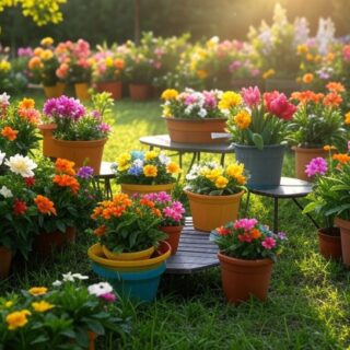 Ein futuristisches Gartenbild, das durch künstliche Intelligenz und Digitalisierung verziert wurde. Es zeigt eine vielfaltige Palette prächtiger Blumen in leuchtenden Farben, einen makellos grünen Rasen und spezielle Bereiche, die als Spielplätze für Bienen dienen. Digitale Effekte wie schwebende Lichtpunkte und holographische Blütenblätter verstärken die magische Atmosphäre.