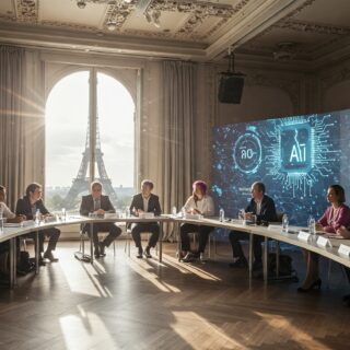 Ein Foto im Querformat (16:9) zeigt einen modernen Konferenzraum in Paris. Internationale Delegierte und Technologieexperten sitzen an Tischen. Im Hintergrund ist der Eiffelturm sichtbar, während digitale Projektionen und KI-Symbole die zukunftsorientierte Atmosphäre des Treffens unterstreichen.