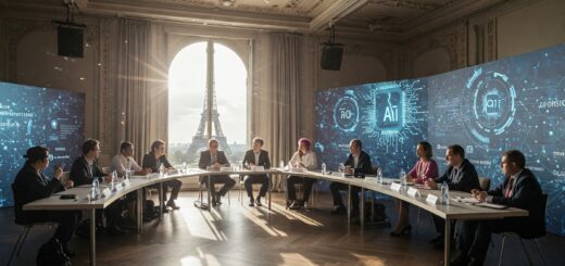 Ein Foto im Querformat (16:9) zeigt einen modernen Konferenzraum in Paris. Internationale Delegierte und Technologieexperten sitzen an Tischen. Im Hintergrund ist der Eiffelturm sichtbar, während digitale Projektionen und KI-Symbole die zukunftsorientierte Atmosphäre des Treffens unterstreichen.