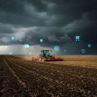 Ein Feld unter einem dunklen, stürmischen Himmel mit einem Traktor, der den Boden pflügt. Im Hintergrund schweben Symbole für generative KI in der Luft, die den Einsatz von KI-Technologie in der modernen Landwirtschaft darstellen. Die Symbole könnten Dinge wie ein neuronales Netzwerkdiagramm, eine Datenwolke oder ein Robotiksymbol darstellen. Das gesamte Bild soll ein Gefühl von Fortschritt und Innovation in der Landwirtschaft vermitteln, aber auch die möglichen Auswirkungen von KI auf die Umwelt hervorheben.