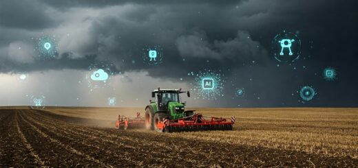 Ein Feld unter einem dunklen, stürmischen Himmel mit einem Traktor, der den Boden pflügt. Im Hintergrund schweben Symbole für generative KI in der Luft, die den Einsatz von KI-Technologie in der modernen Landwirtschaft darstellen. Die Symbole könnten Dinge wie ein neuronales Netzwerkdiagramm, eine Datenwolke oder ein Robotiksymbol darstellen. Das gesamte Bild soll ein Gefühl von Fortschritt und Innovation in der Landwirtschaft vermitteln, aber auch die möglichen Auswirkungen von KI auf die Umwelt hervorheben.