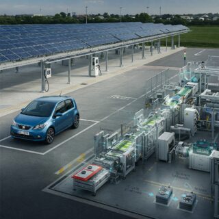 Bild zeigt ein modernes SEAT-Produktionsgelände mit einem Elektrofahrzeug im Vordergrund und einer Ladestation mit Solarpanelen im Hintergrund. Ein Schnittbild integriert die Toyota-Batterierecycling-Technologie mit Maschinen und schematischen Darstellungen des Prozesses.