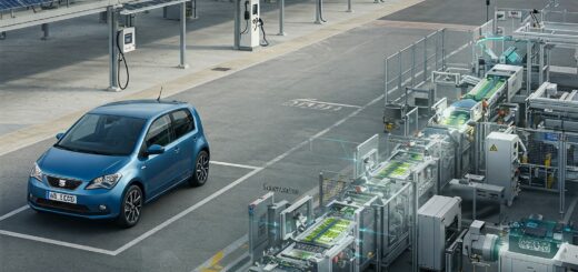 Bild zeigt ein modernes SEAT-Produktionsgelände mit einem Elektrofahrzeug im Vordergrund und einer Ladestation mit Solarpanelen im Hintergrund. Ein Schnittbild integriert die Toyota-Batterierecycling-Technologie mit Maschinen und schematischen Darstellungen des Prozesses.