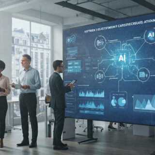 Eine moderne Büroumgebung in Europa mit einem Bildschirm, auf dem Diagramme und Klassifikationen von KI-Systemen angezeigt werden. Mitarbeiter analysieren Daten, was Transparenz und verantwortungsvollen Umgang mit künstlicher Intelligenz vermittelt.