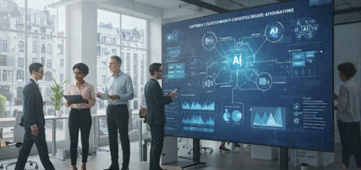 Eine moderne Büroumgebung in Europa mit einem Bildschirm, auf dem Diagramme und Klassifikationen von KI-Systemen angezeigt werden. Mitarbeiter analysieren Daten, was Transparenz und verantwortungsvollen Umgang mit künstlicher Intelligenz vermittelt.