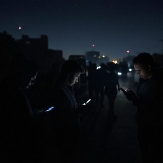 Nächtliche Szene des Stromausfalls in Spanien 2025: Dunkle Großstadt mit vereinzelten Lichtern und Menschen, die auf Smartphones nach Informationen suchen, 28. April.