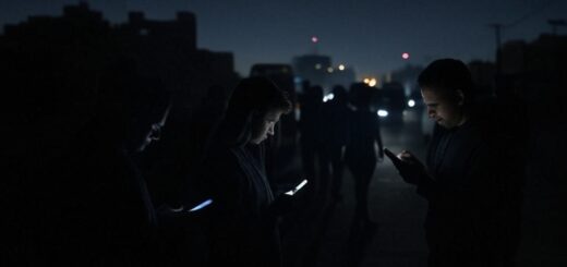 Nächtliche Szene des Stromausfalls in Spanien 2025: Dunkle Großstadt mit vereinzelten Lichtern und Menschen, die auf Smartphones nach Informationen suchen, 28. April.