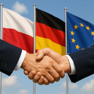 Bild – zwei Hände im festen Handschlag, davor die polnische, die deutsche und die Europa‑Flagge.