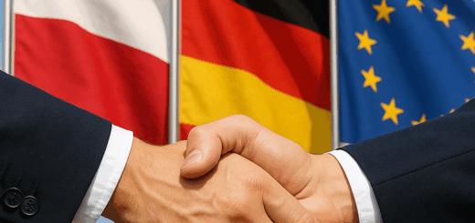 Bild – zwei Hände im festen Handschlag, davor die polnische, die deutsche und die Europa‑Flagge.