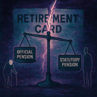 An illustrative comic-style image in the experimental lain style. Representations of anonymous individuals if they appear in the prompt! This is the symbolic image of a divided retirement card or a scale with 'official pension' and 'statutory pension', representing the dilemma and the different systems.