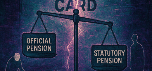 An illustrative comic-style image in the experimental lain style. Representations of anonymous individuals if they appear in the prompt! This is the symbolic image of a divided retirement card or a scale with 'official pension' and 'statutory pension', representing the dilemma and the different systems.