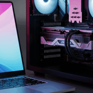 Laptop mit beleuchteter Grafik, daneben Desktop helles modernes Büro, futuristische Technikdetails, Fokus auf GPU-Bereich, dynamische Beleuchtung.