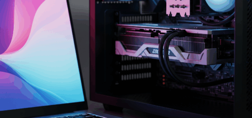 Laptop mit beleuchteter Grafik, daneben Desktop helles modernes Büro, futuristische Technikdetails, Fokus auf GPU-Bereich, dynamische Beleuchtung.