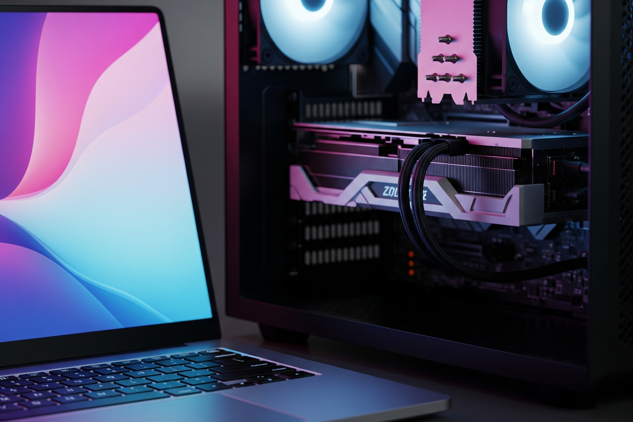 Laptop mit beleuchteter Grafik, daneben Desktop helles modernes Büro, futuristische Technikdetails, Fokus auf GPU-Bereich, dynamische Beleuchtung.