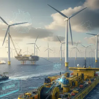 Ein spezialisiertes Kabelverlegungsschiff zieht ein dickes Seekabel durch das Meer in Richtung einer Offshore-Konverterplattform, umgeben von einem großen Windpark mit zahlreichen Windturbinen. Im Hintergrund sind weitere Windräder und eine Plattform zu sehen, während digitale Überlagerungen im Bild auf komplexe Planungsdaten, Zeitrahmen und logistische Herausforderungen hinweisen. Das Bild symbolisiert die gewaltigen Anstrengungen zur Integration der Offshore-Windenergie in das deutsche Stromnetz.