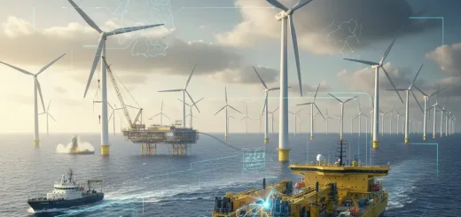 Ein spezialisiertes Kabelverlegungsschiff zieht ein dickes Seekabel durch das Meer in Richtung einer Offshore-Konverterplattform, umgeben von einem großen Windpark mit zahlreichen Windturbinen. Im Hintergrund sind weitere Windräder und eine Plattform zu sehen, während digitale Überlagerungen im Bild auf komplexe Planungsdaten, Zeitrahmen und logistische Herausforderungen hinweisen. Das Bild symbolisiert die gewaltigen Anstrengungen zur Integration der Offshore-Windenergie in das deutsche Stromnetz.