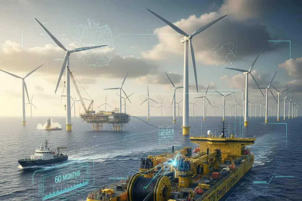 Ein spezialisiertes Kabelverlegungsschiff zieht ein dickes Seekabel durch das Meer in Richtung einer Offshore-Konverterplattform, umgeben von einem großen Windpark mit zahlreichen Windturbinen. Im Hintergrund sind weitere Windräder und eine Plattform zu sehen, während digitale Überlagerungen im Bild auf komplexe Planungsdaten, Zeitrahmen und logistische Herausforderungen hinweisen. Das Bild symbolisiert die gewaltigen Anstrengungen zur Integration der Offshore-Windenergie in das deutsche Stromnetz.