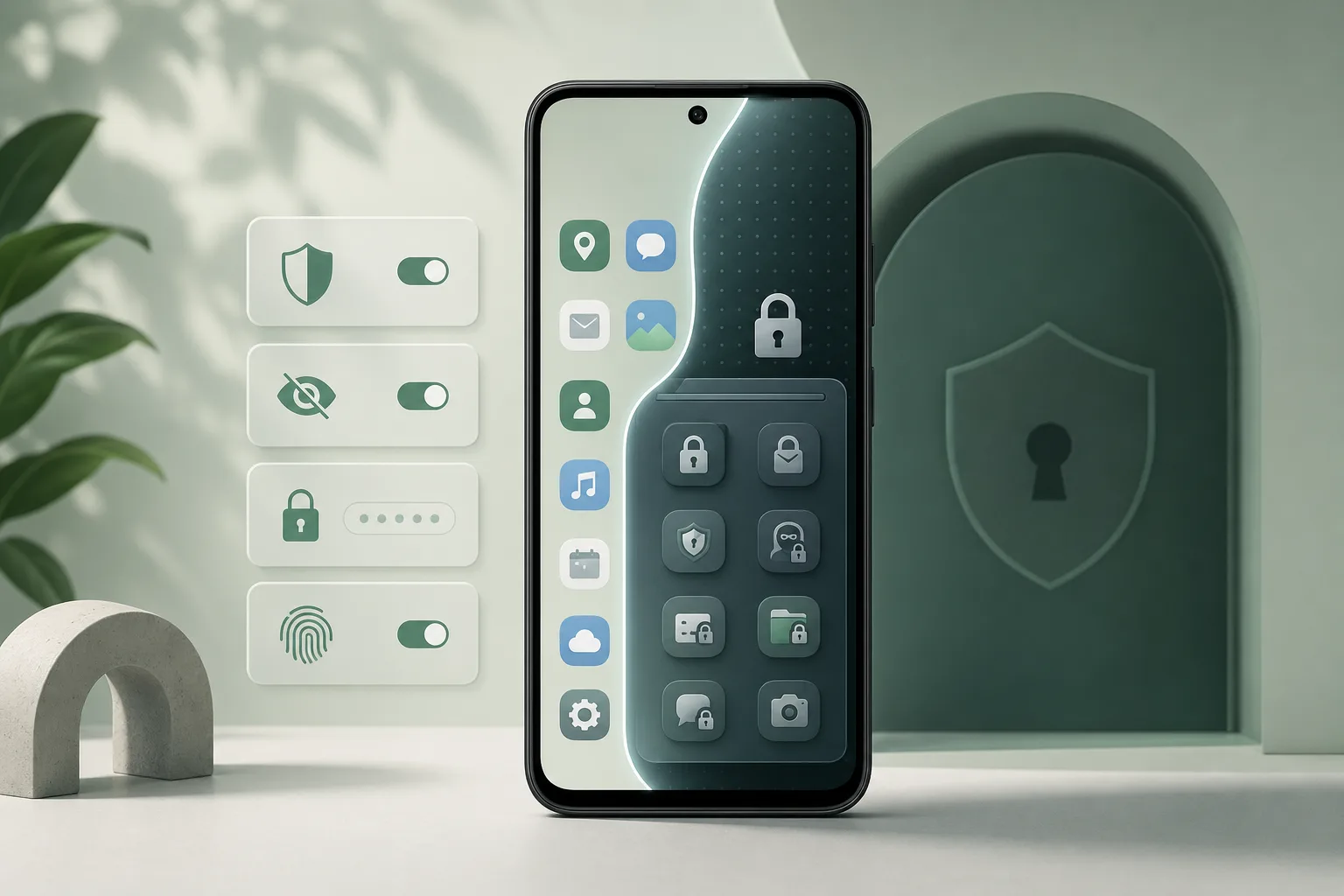 Symbolische Darstellung eines Android-Smartphones mit Sicherheitssperre und separatem App-Bereich