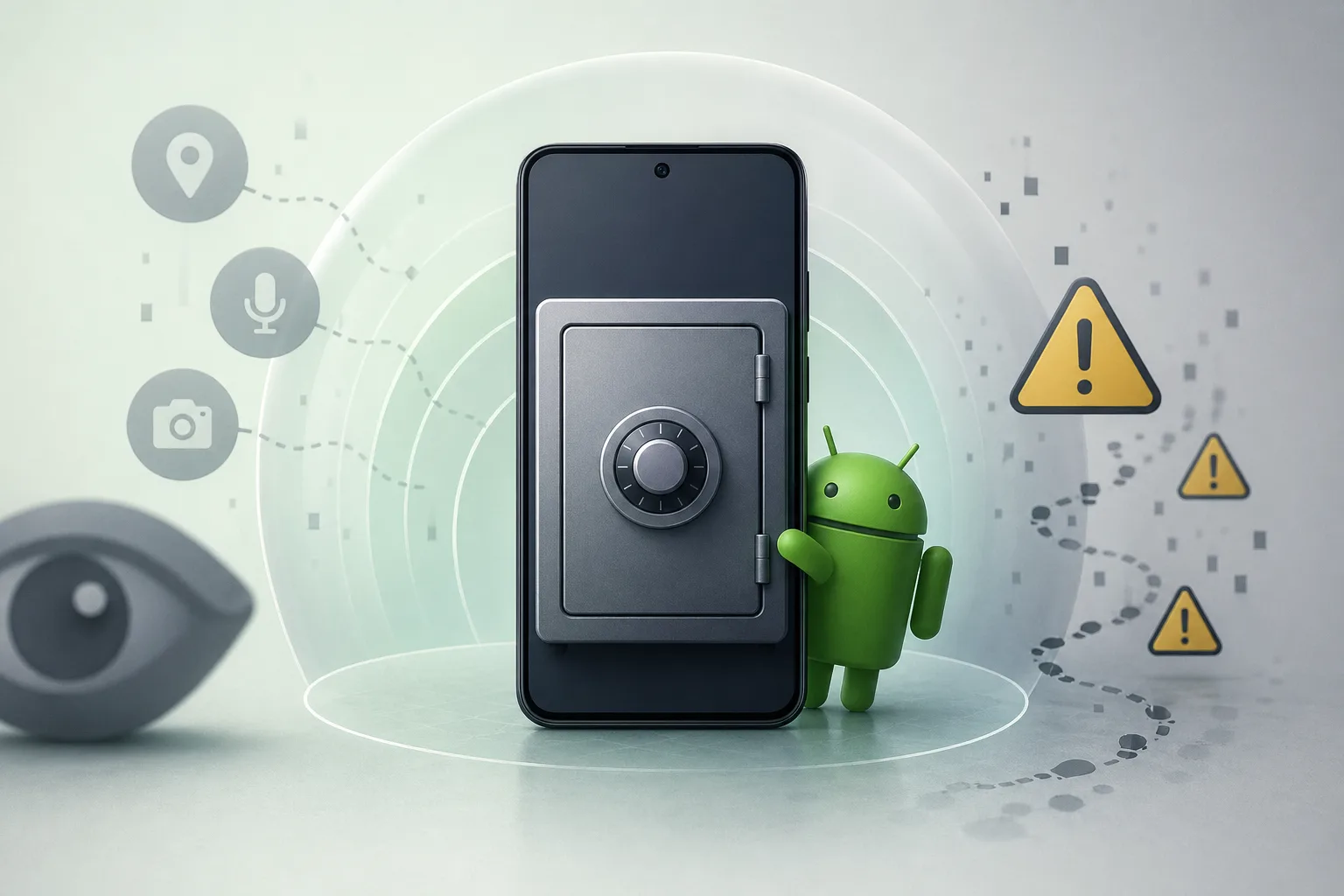 Konzeptgrafik zu Datenschutzgrenzen mit Smartphone, Schloss und Systemspuren