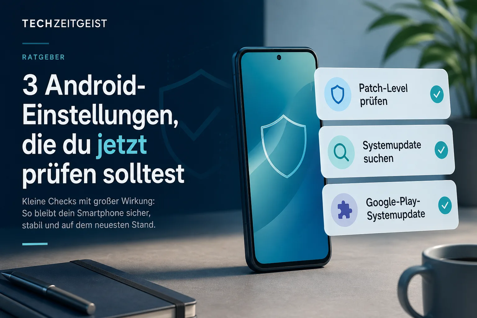 Illustration eines Smartphones mit Checkliste für Patch-Level, Systemupdate und Google-Play-Systemupdate