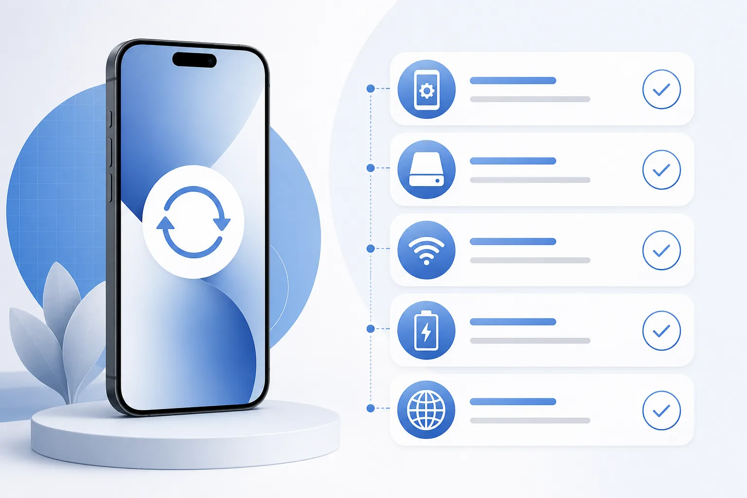 Illustrative Checkliste für iPhone-Modell, iOS-Version, Speicher, WLAN und Sprache