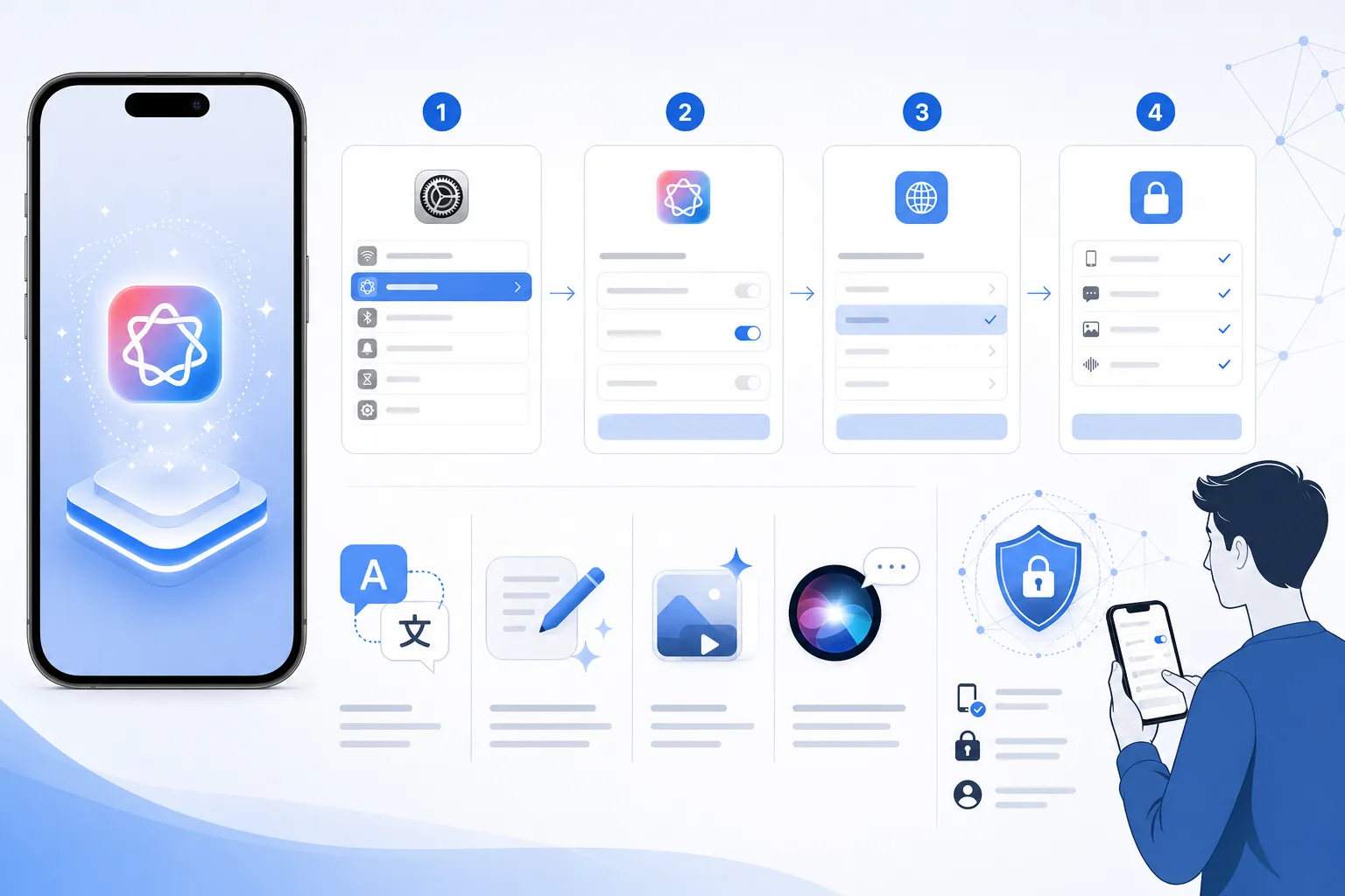 Symbolisches iPhone mit KI-Funktionen, Sprachprüfung und Datenschutzschild