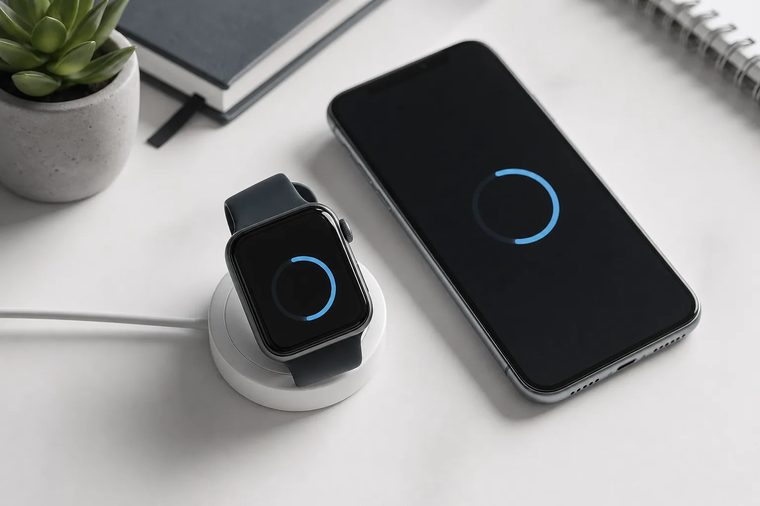 Smartwatch auf Ladegerät neben Smartphone als Symbol für ein watchOS-Update