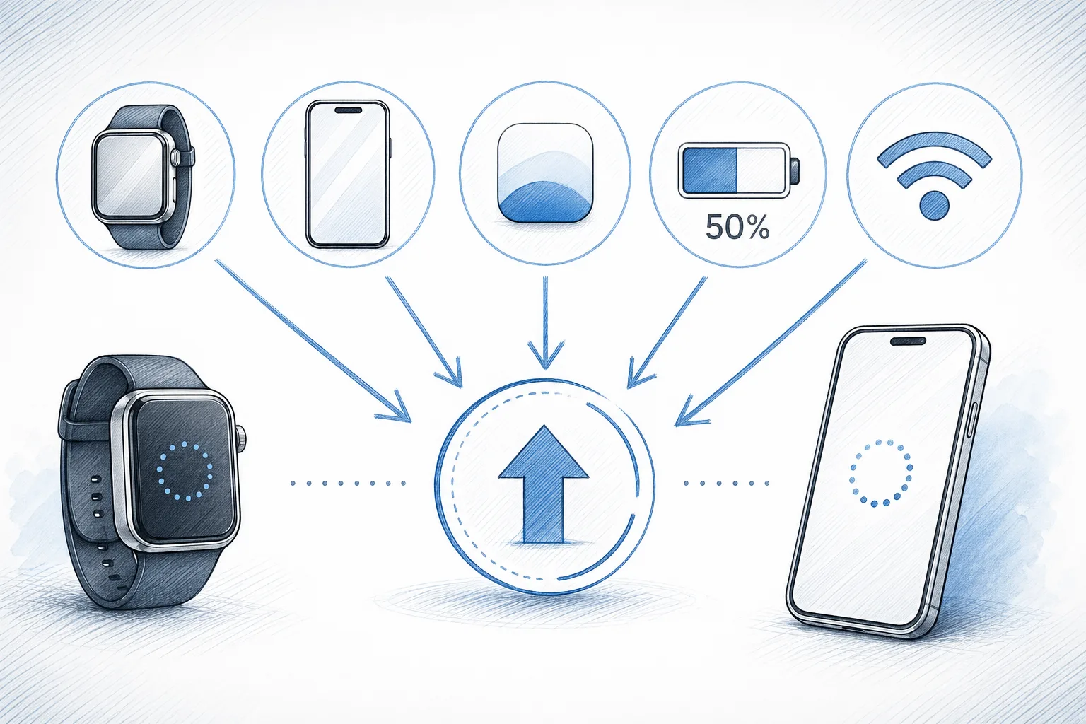 Illustrative Checkliste für Apple Watch, iPhone, iOS-Version, Akku und WLAN