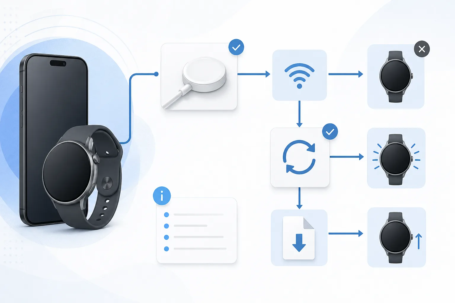 Grafik mit Ladegerät, WLAN und Update-Datei als Troubleshooting-Schritte