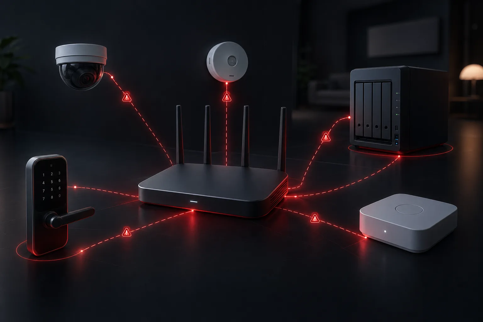 Illustrativer Heimrouter mit vernetzten Smart-Home-Geräten und Warnlinien
