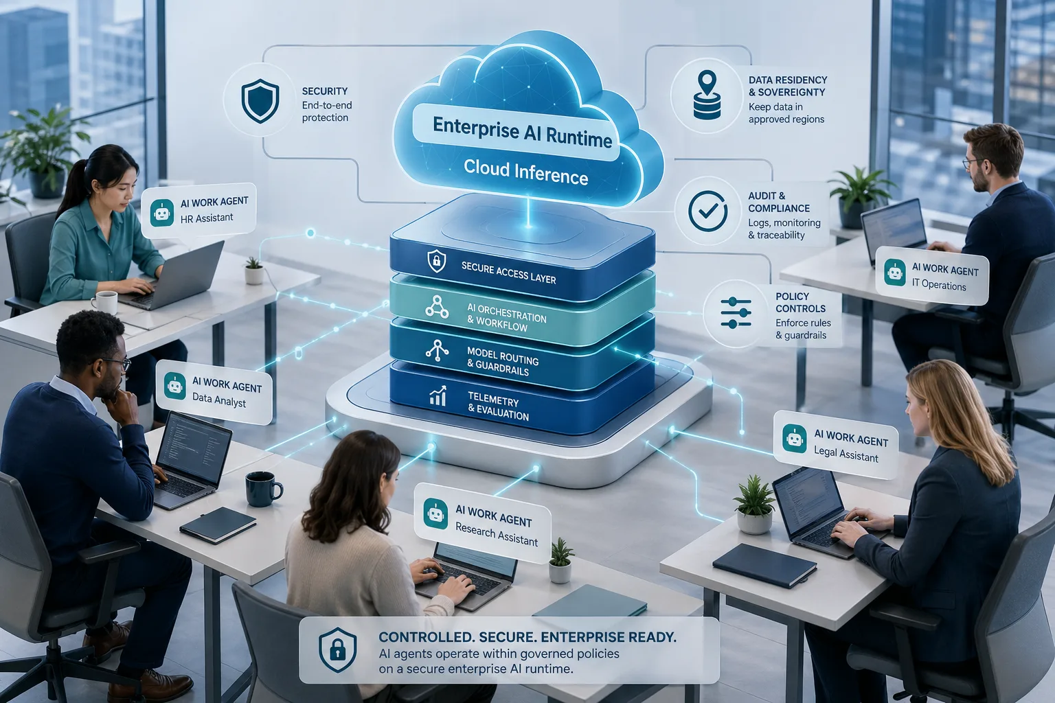 Illustration einer sicheren Enterprise-AI-Runtime für KI-Agenten ohne Markenlogos