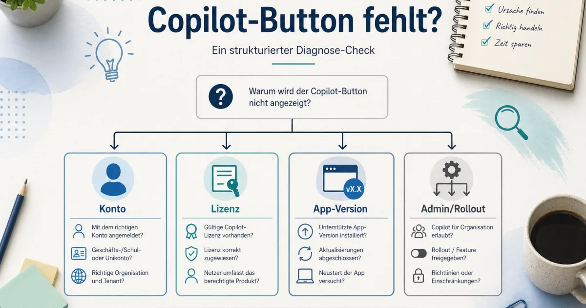 Microsoft 365 Copilot-Button fehlt? So prüfst du Lizenz, Konto, App-Version und Update-Kanal