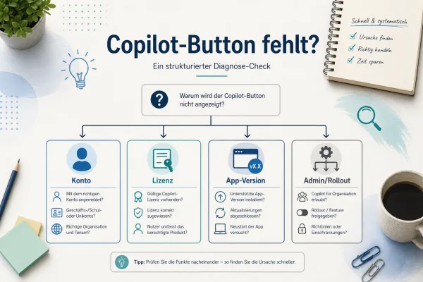 Microsoft 365 Copilot-Button fehlt? So prüfst du Lizenz, Konto, App-Version und Update-Kanal