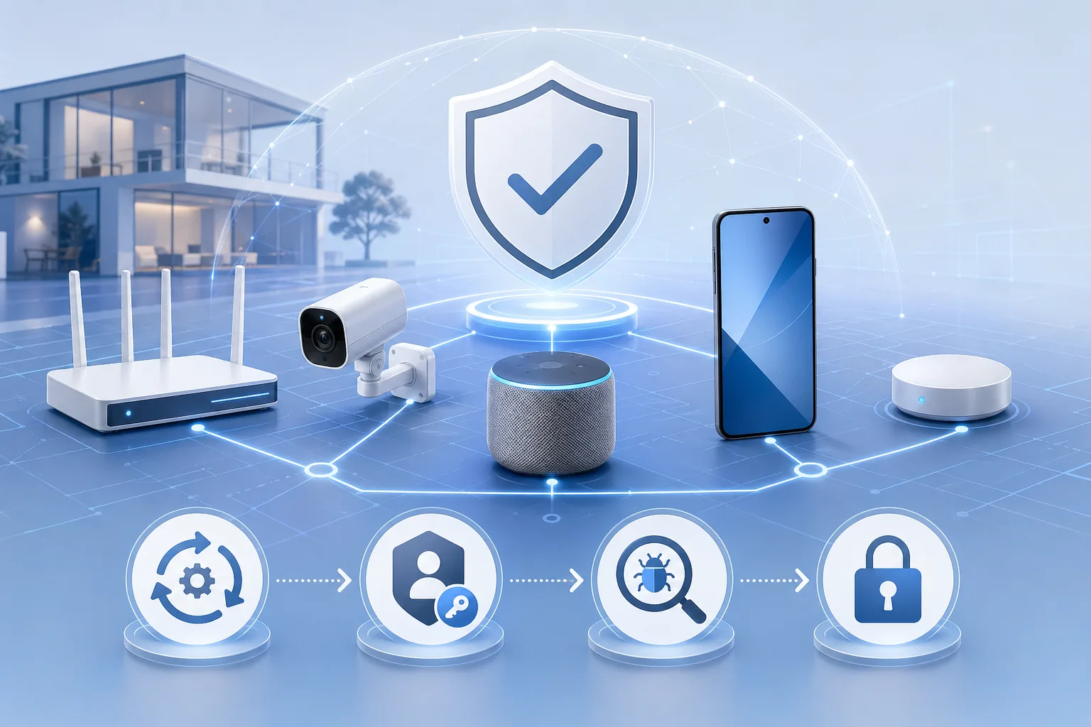 Konzeptgrafik zu Updates, Geräteidentität, Schwachstellenprozess und sicherer Konfiguration bei Smart-Home-Geräten