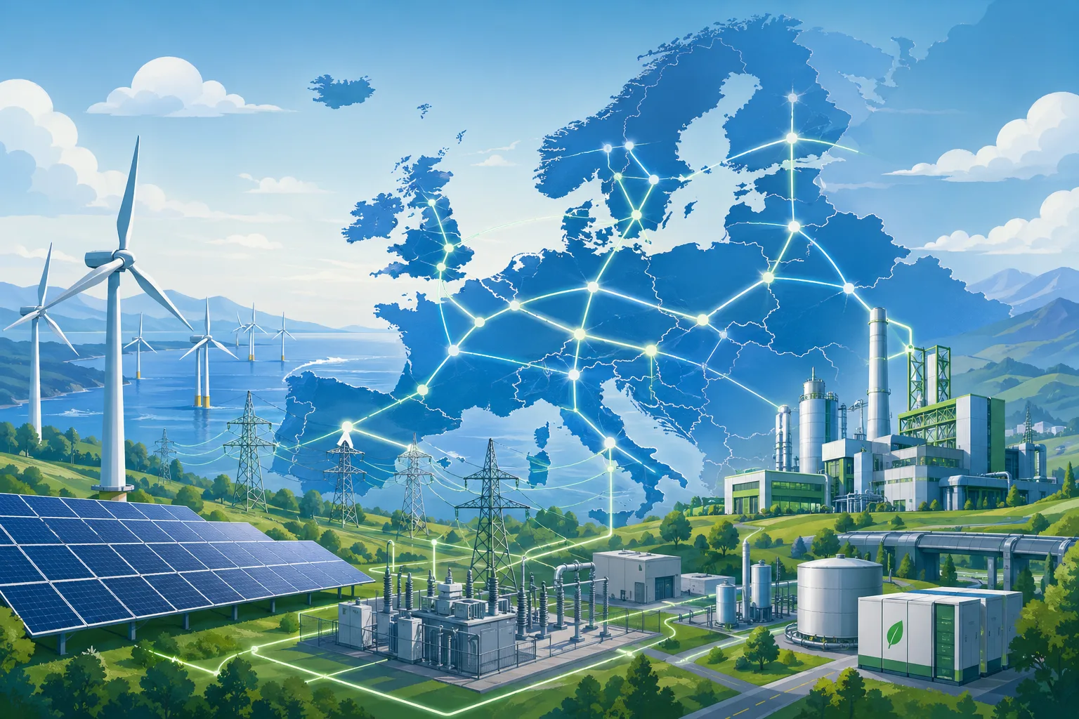 Illustration eines europäischen Stromnetzes mit Windenergie, Solarstrom, Industrie und Clean-Tech-Infrastruktur