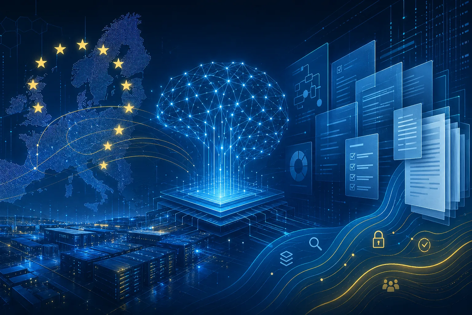 Abstrakte Illustration regulierter KI-Infrastruktur in Europa mit Transparenz- und Dokumentationsebenen