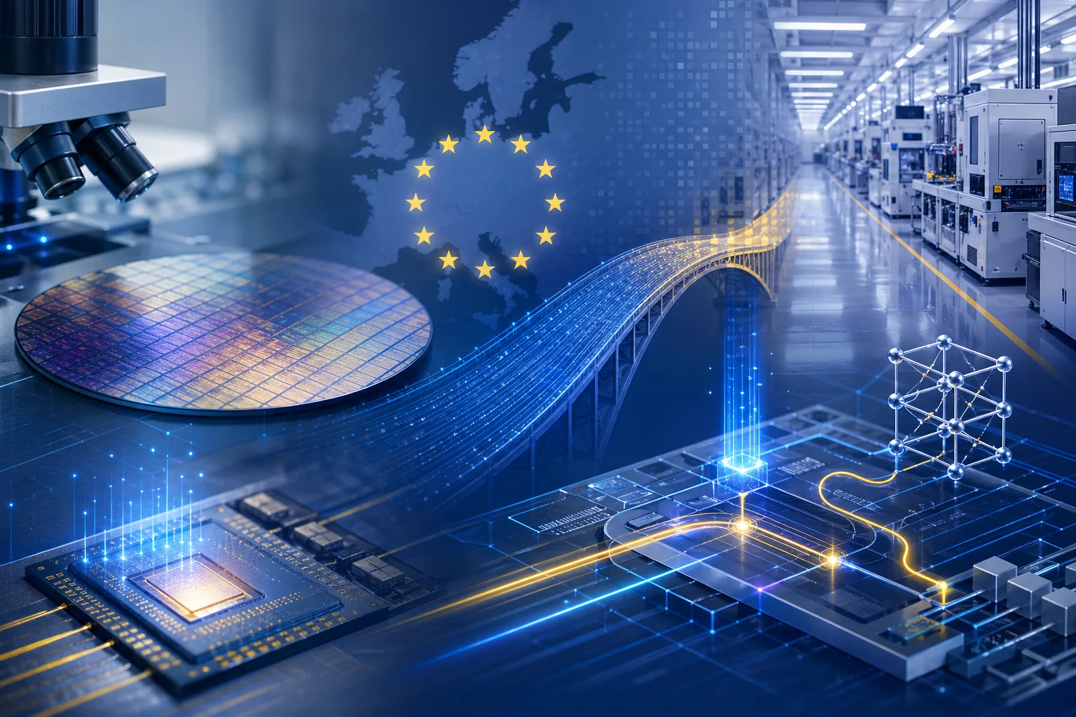 Abstrakte Darstellung einer europäischen Halbleiter-Pilotlinie als Brücke zwischen Labor und Industrie